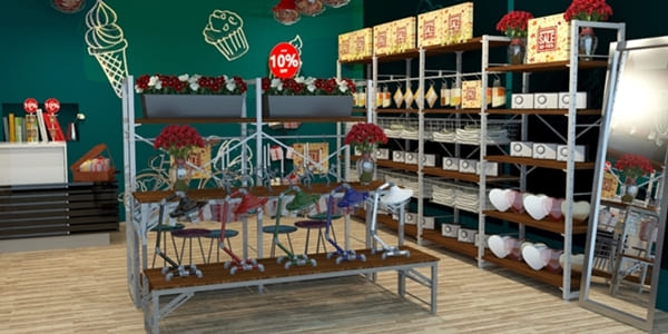 3D table and shelves in retail store